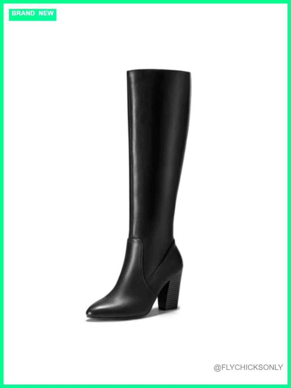 FITORY Knee High Boots Fold Over Pointed Toe Faux Leather Block Heel